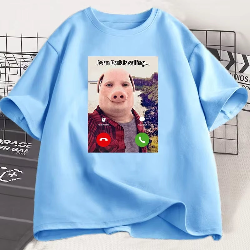 John Pork Is Calling T Shirts Funny Graphic Tee Top Oversized Cotton Humor Pig Meme Design Mens Clothes Oversized Streetwear