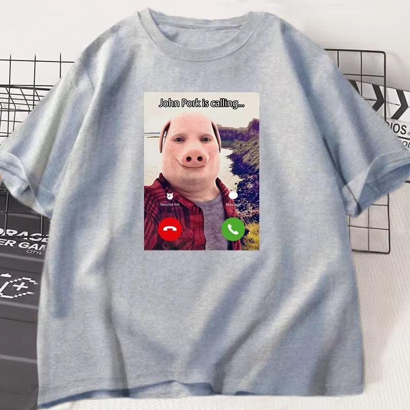 John Pork Is Calling T Shirts Funny Graphic Tee Top Oversized Cotton Humor Pig Meme Design Mens Clothes Oversized Streetwear