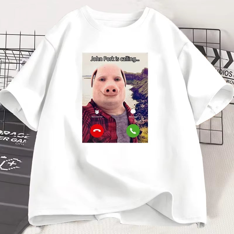 John Pork Is Calling T Shirts Funny Graphic Tee Top Oversized Cotton Humor Pig Meme Design Mens Clothes Oversized Streetwear