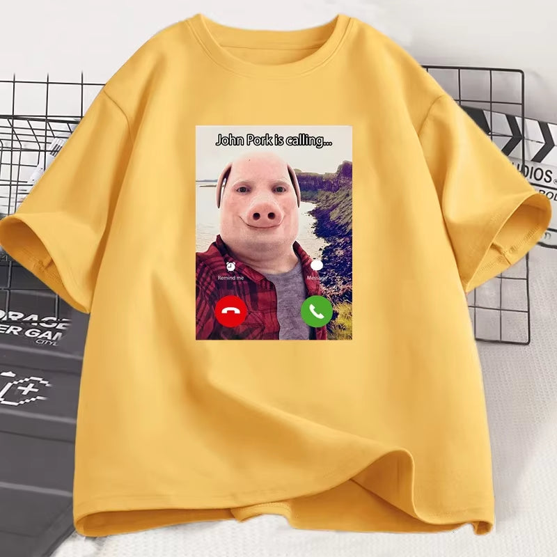 John Pork Is Calling T Shirts Funny Graphic Tee Top Oversized Cotton Humor Pig Meme Design Mens Clothes Oversized Streetwear