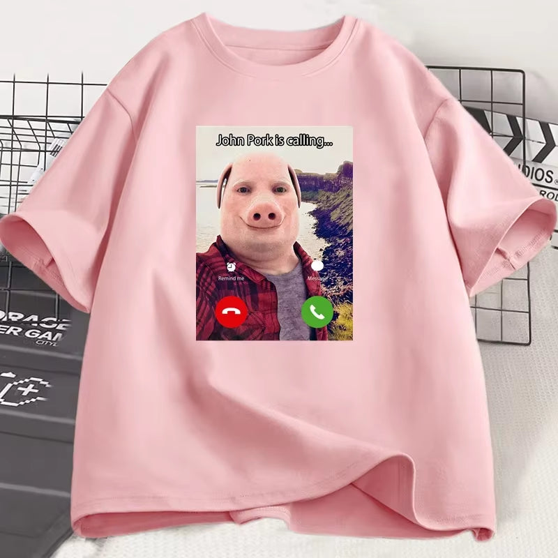 John Pork Is Calling T Shirts Funny Graphic Tee Top Oversized Cotton Humor Pig Meme Design Mens Clothes Oversized Streetwear